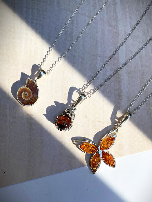 Flying Amber Butterfly Necklace | Sterling Silver Chain Pendant | Light Years