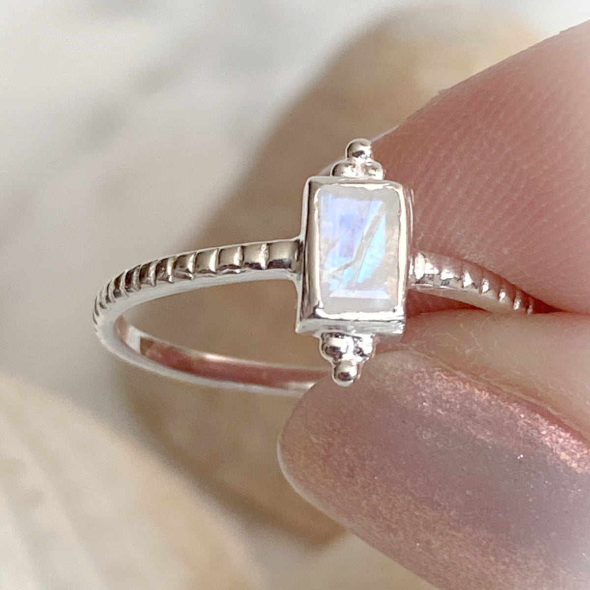 Rainbow Moonstone Sterling Silver Ring fashion | Baguette Moonstone Ring | Flashy Moonstone Ring | Sterling Silver Statement Ring |