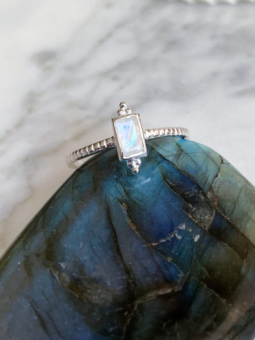 Moonstone Baguette Ring | Sterling Silver Size 6 7 8 9 | Light Years