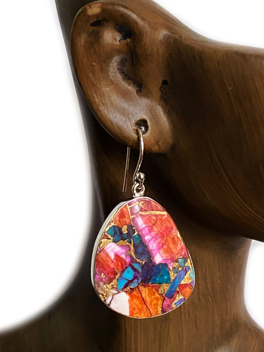 Pink Oyster Shell Slab Statement Earrings | Sterling Silver Copper Matrix | Light Years