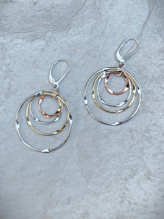 Tritone Hammered Circles Dangles | Sterling Silver Earrings | Light Years