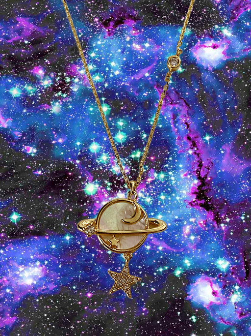 Shell Saturn Celestial Necklace | Gold Plated Chain Pendant | Light Years Jewelry