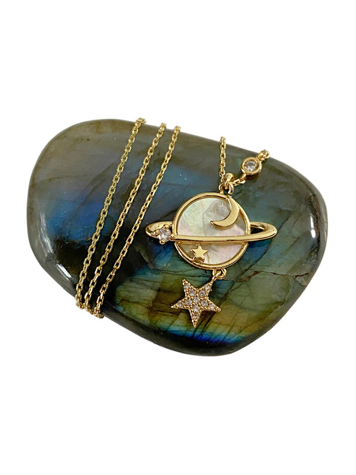 Shell Saturn Celestial Necklace | Gold Plated Chain Pendant | Light Years Jewelry