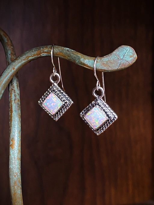 Twist Border White Opal Square Dangles | Sterling Silver Earrings | Light Years