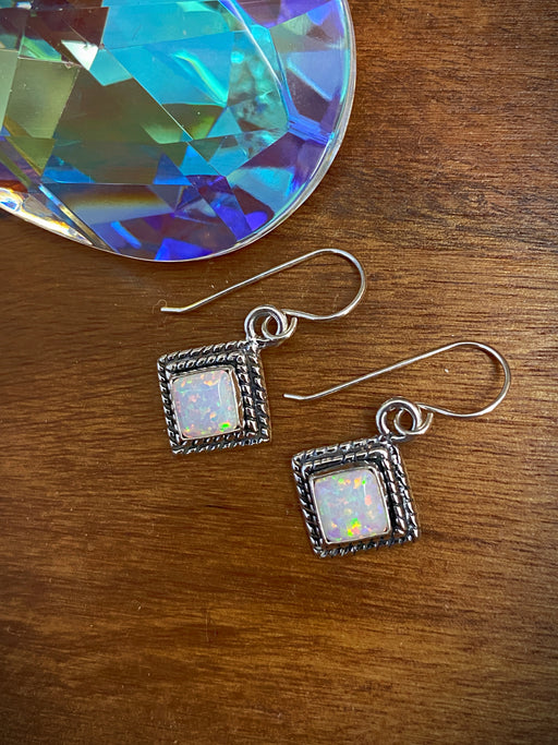 Twist Border White Opal Square Dangles | Sterling Silver Earrings | Light Years