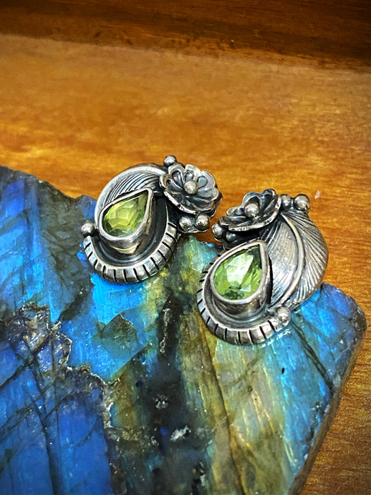 Navajo Peridot Flower & Leaf Posts | Sterling Silver Studs Earrings | Light Years