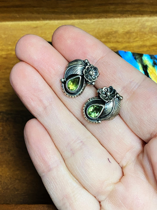 Navajo Peridot Flower & Leaf Posts | Sterling Silver Studs Earrings | Light Years