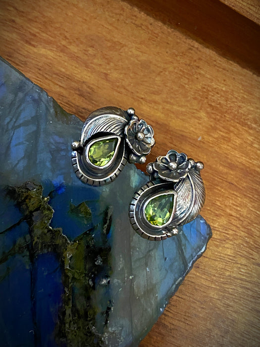 Navajo Peridot Flower & Leaf Posts | Sterling Silver Studs Earrings | Light Years