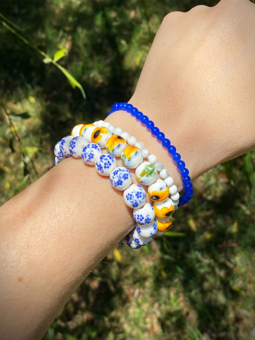 Blue Floral Ceramic Beaded Stretch Bracelet | Light Years Jewelry