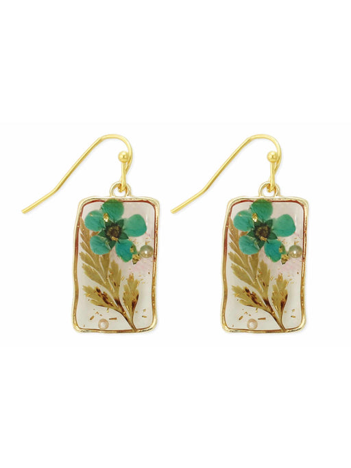 Pressed Blue Flower Dangles | Gold Fashion Earrings | Light Years Jewelry