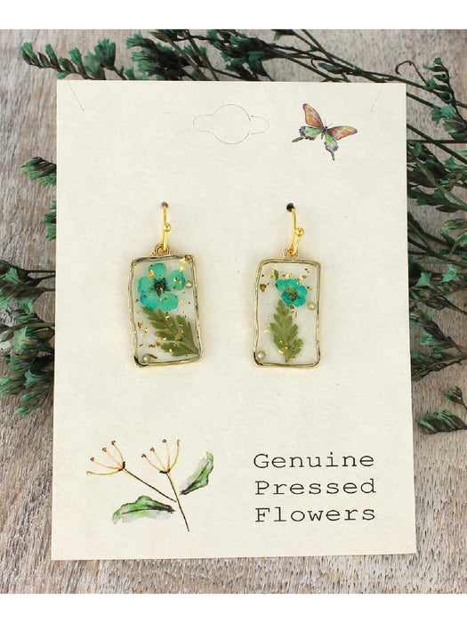 Pressed Blue Flower Dangles | Gold Fashion Earrings | Light Years Jewelry