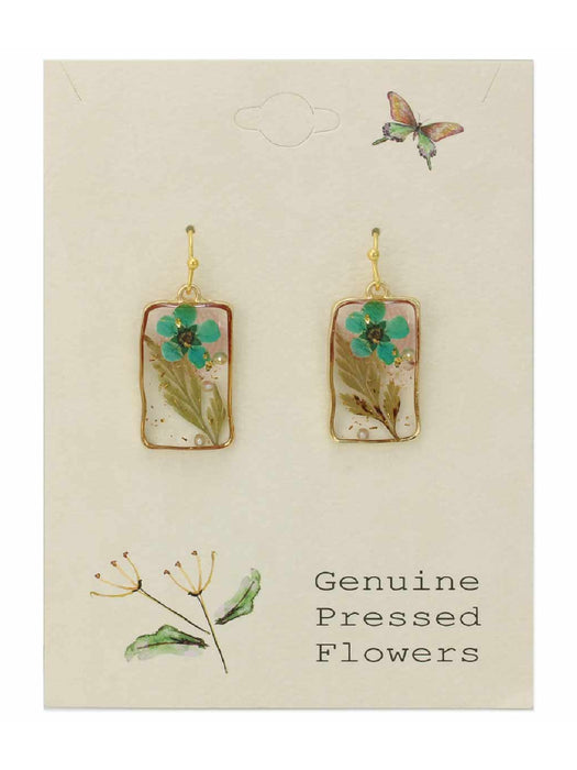 Pressed Blue Flower Dangles | Gold Fashion Earrings | Light Years Jewelry