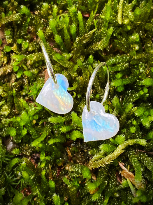 Rainbow Moonstone Heart Hoops | Sterling Silver Earrings | Light Years