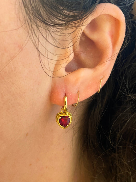 Ruby CZ Heart Huggie Hoops | Gold Plated Earrings | Light Years Jewelry