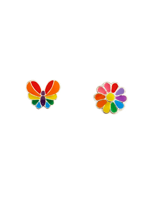 Rainbow Butterfly & Flower Mismatched Posts | Sterling Silver Stud Earrings | Light Years