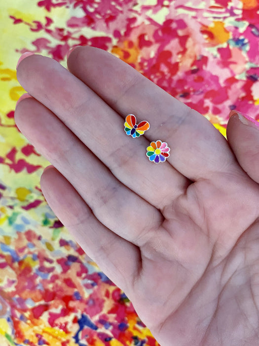 Rainbow Butterfly & Flower Mismatched Posts by Tomas | Sterling Silver Stud Earrings | Light Years