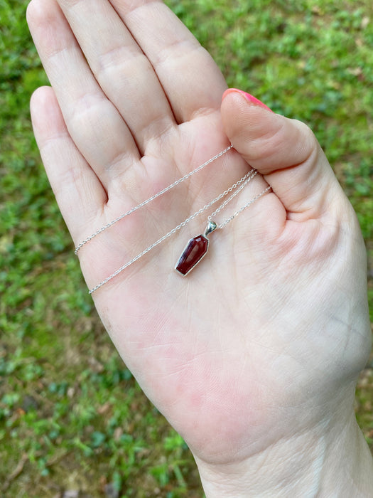 Gemstone Coffin Necklace | Garnet Sterling Silver | Light Years Jewelry