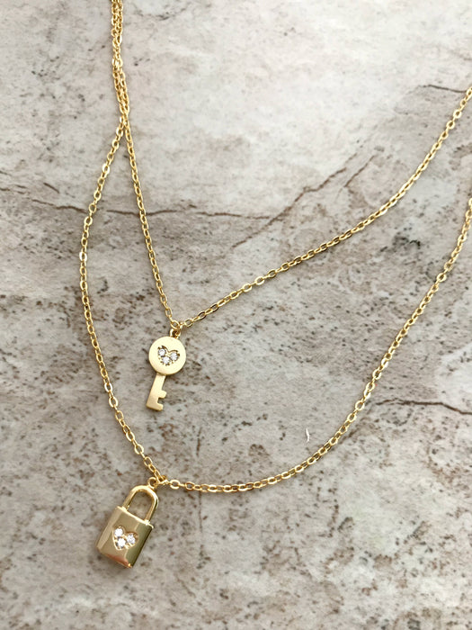Diamond Lock & Key Necklace, Yellow Gold