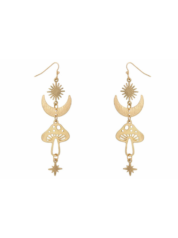 Celestial Mushroom Statement Earrings | Gold Fashion Moon Star Sun Dangles | Light Years