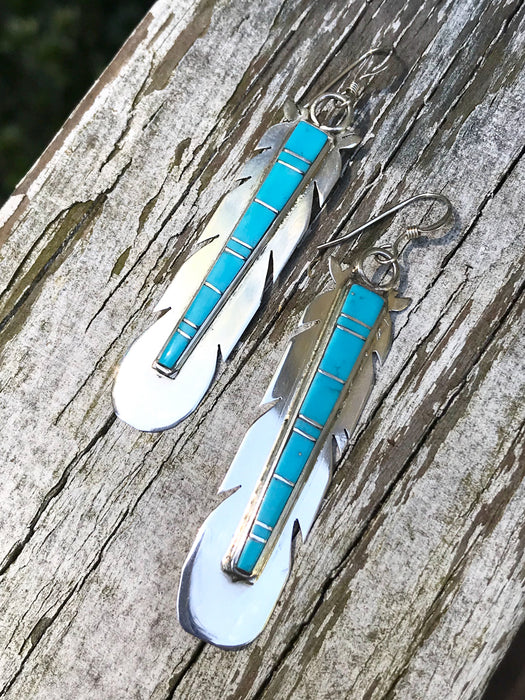 Turquoise Inlay Feather Earrings | Navajo Handmade | Light Years