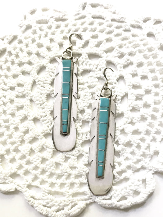 Turquoise Inlay Feather Earrings | Navajo Handmade | Light Years