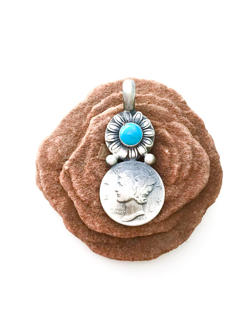 Handmade Mercury Dime Pendant | Sterling Silver Turquoise | Light Years